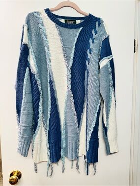 Vintage Coogi Style Braided Fringe Knit Colorblock Crewneck Sweater Blue Cream L